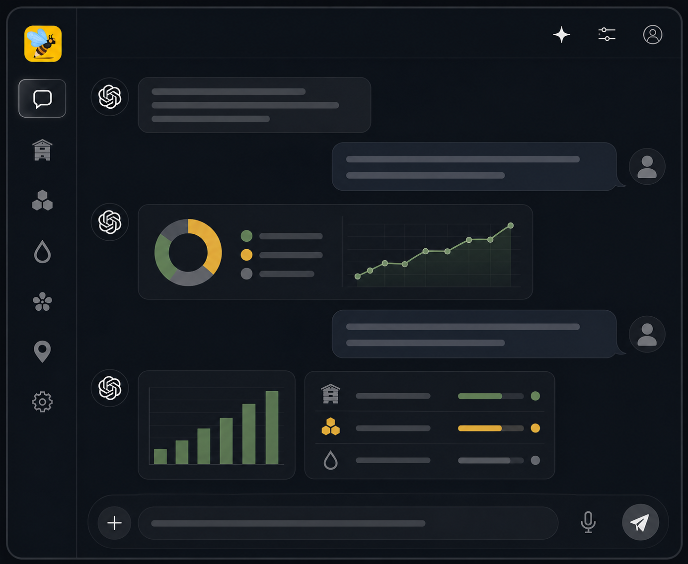Beentry in AI chat: statistics and hive status displayed in graphs