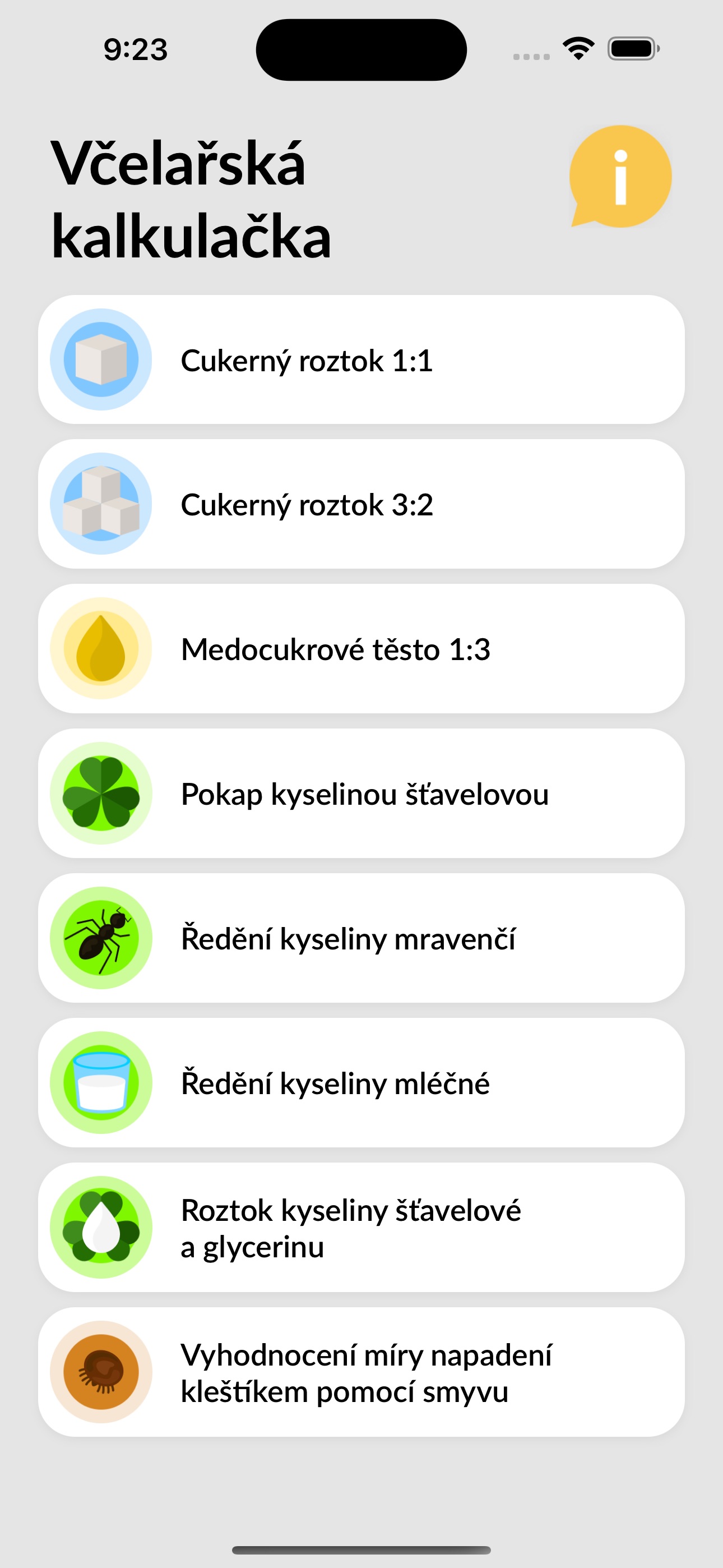 Včelkulačka - hlavní menu se všemi kalkulátory
