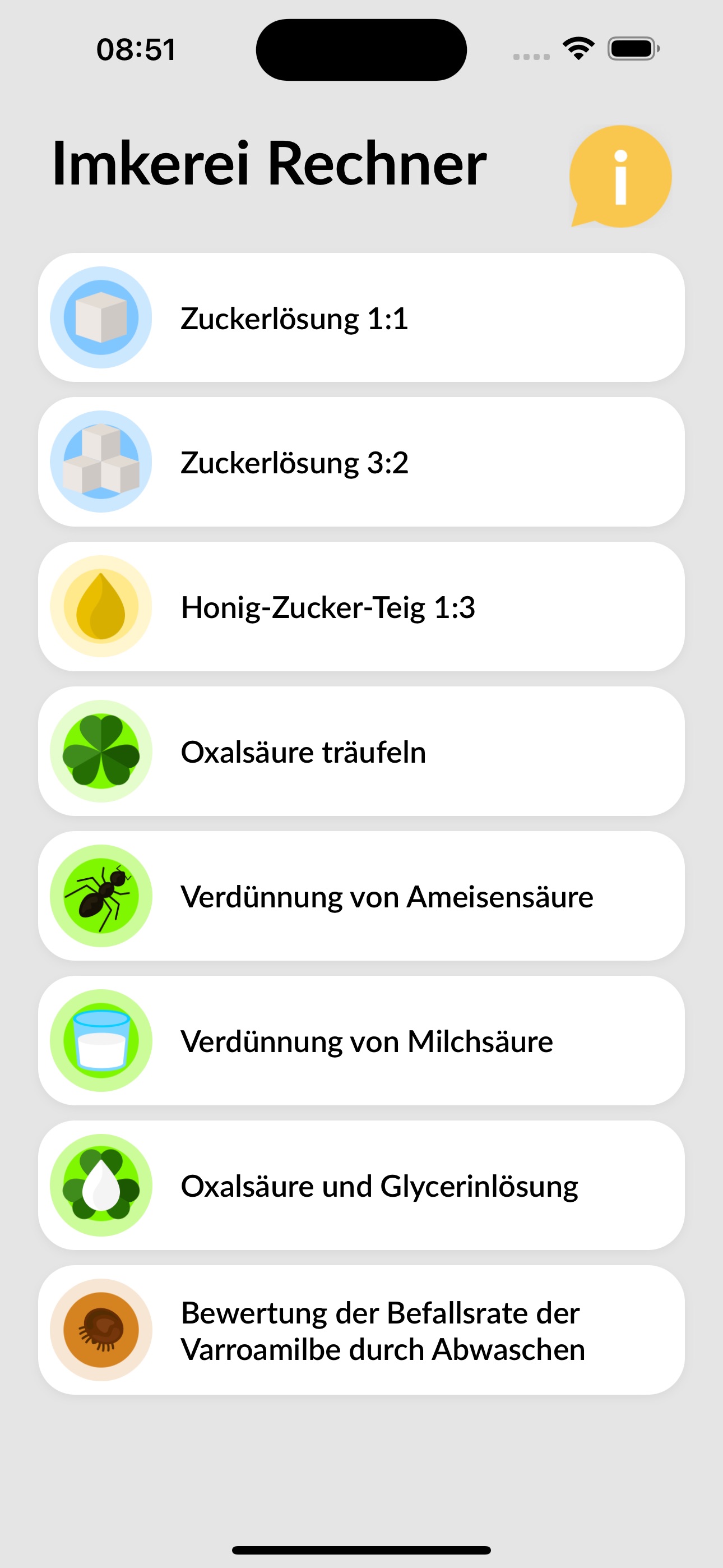 BeeCalc - Hauptmenü mit allen Rechnern