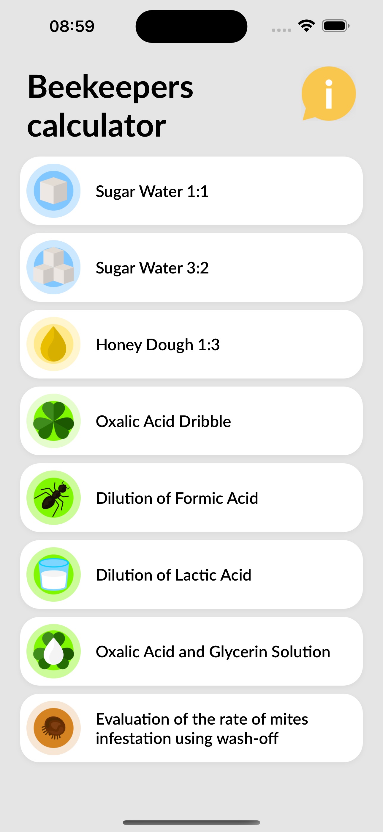 BeeCalc - główne menu ze wszystkimi kalkulatorami