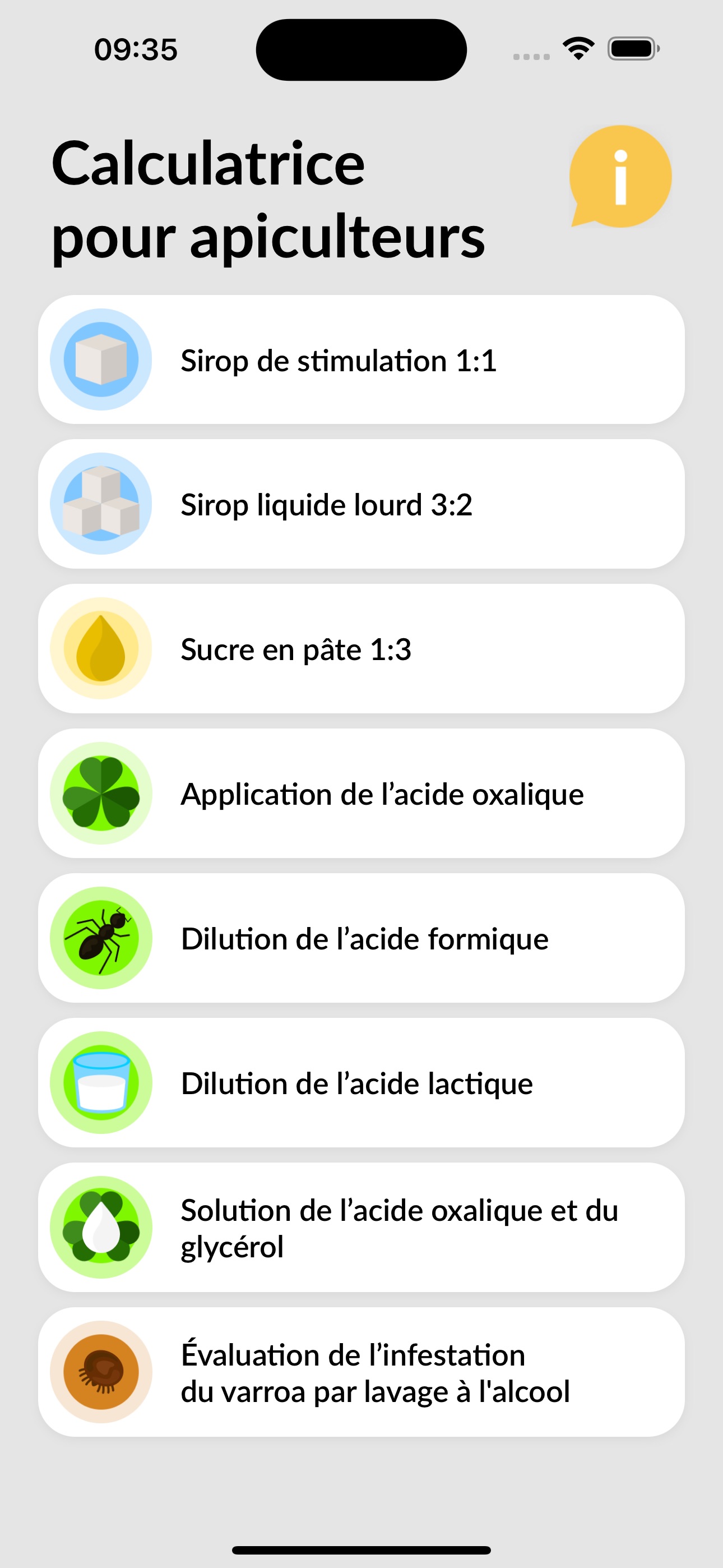 BeeCalc - menu principal avec toutes les calculatrices